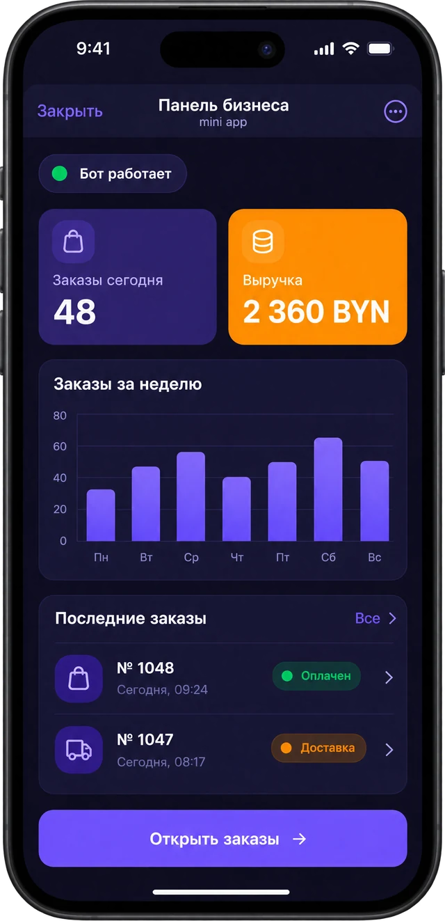 Экран мини-приложения: панель заказов для владельца