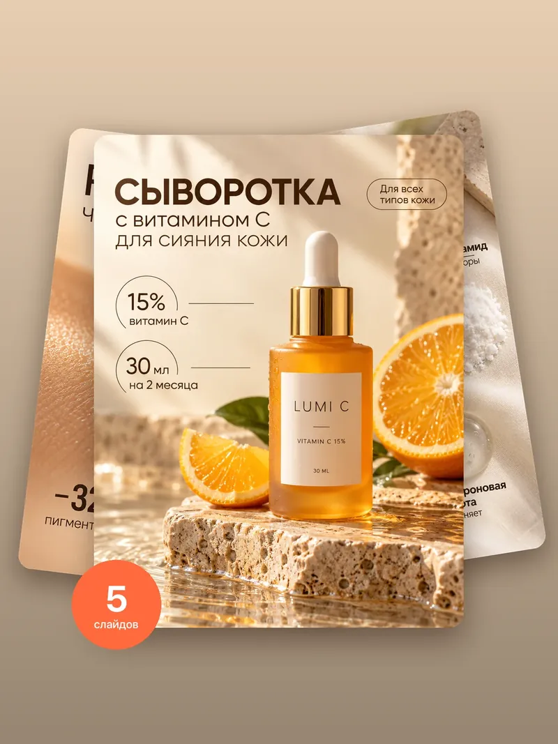 Сыворотка с витамином С: карусель карточки для Wildberries и Ozon, 5 слайдов