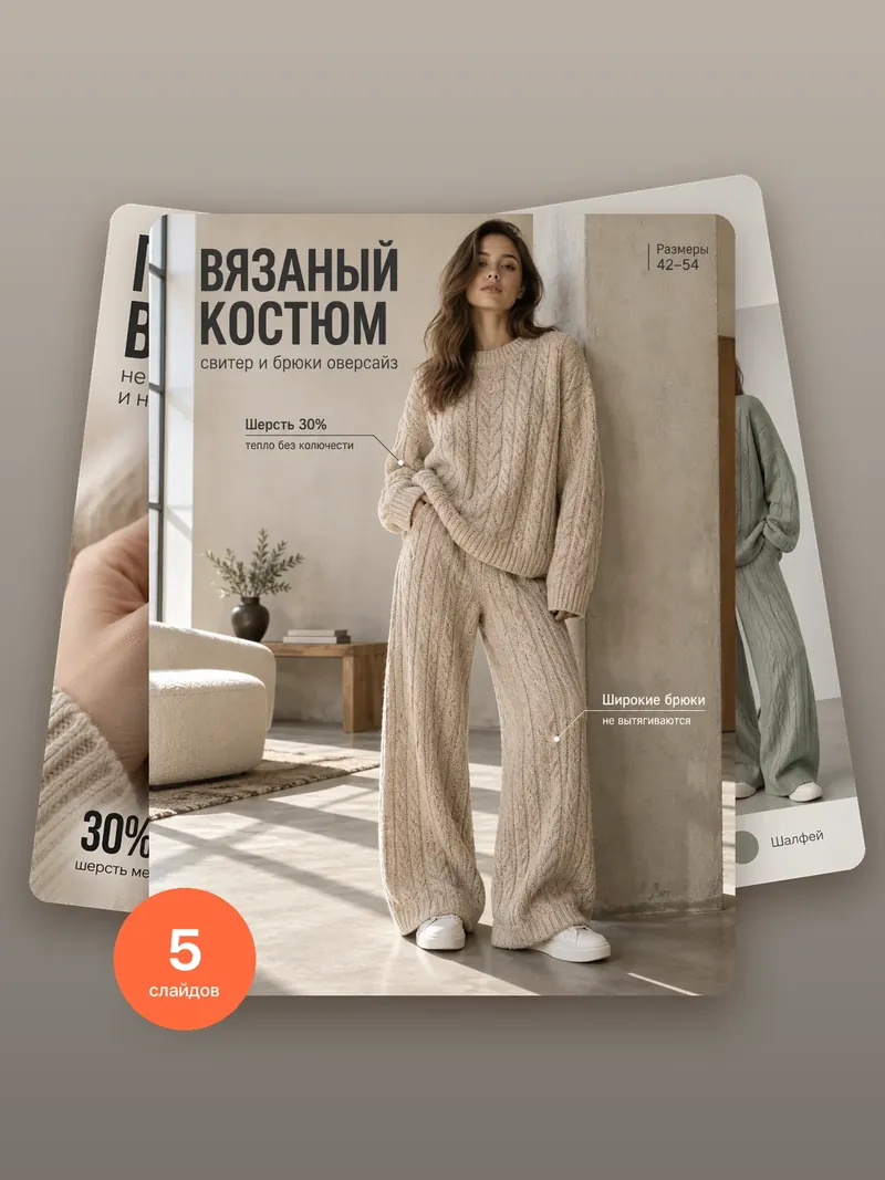 Вязаный костюм: карусель карточки для Wildberries и Ozon, 5 слайдов
