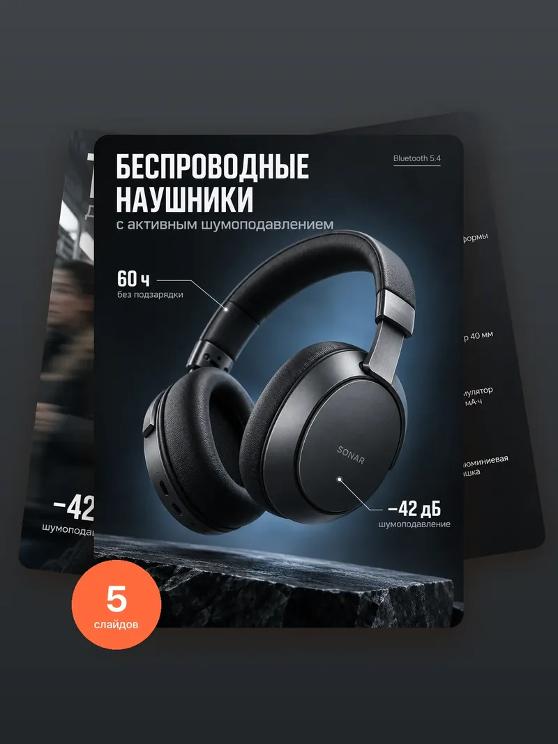 Беспроводные наушники: карусель карточки для Wildberries и Ozon, 5 слайдов