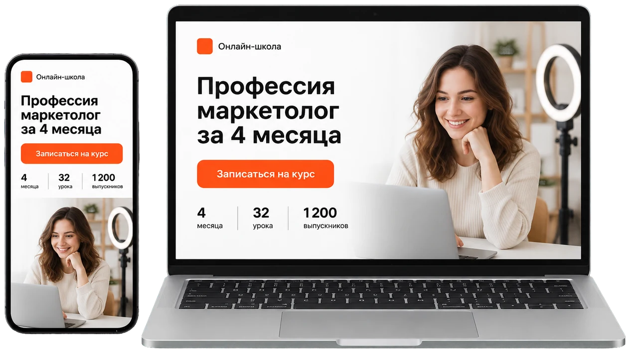 Лендинг курса на ноутбуке и телефоне