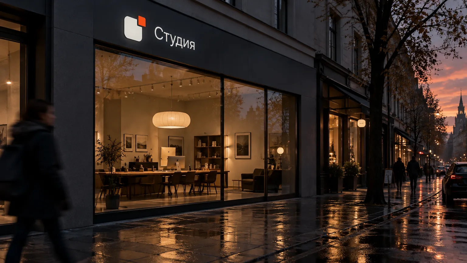 Фасад студии с фирменной вывеской вечером