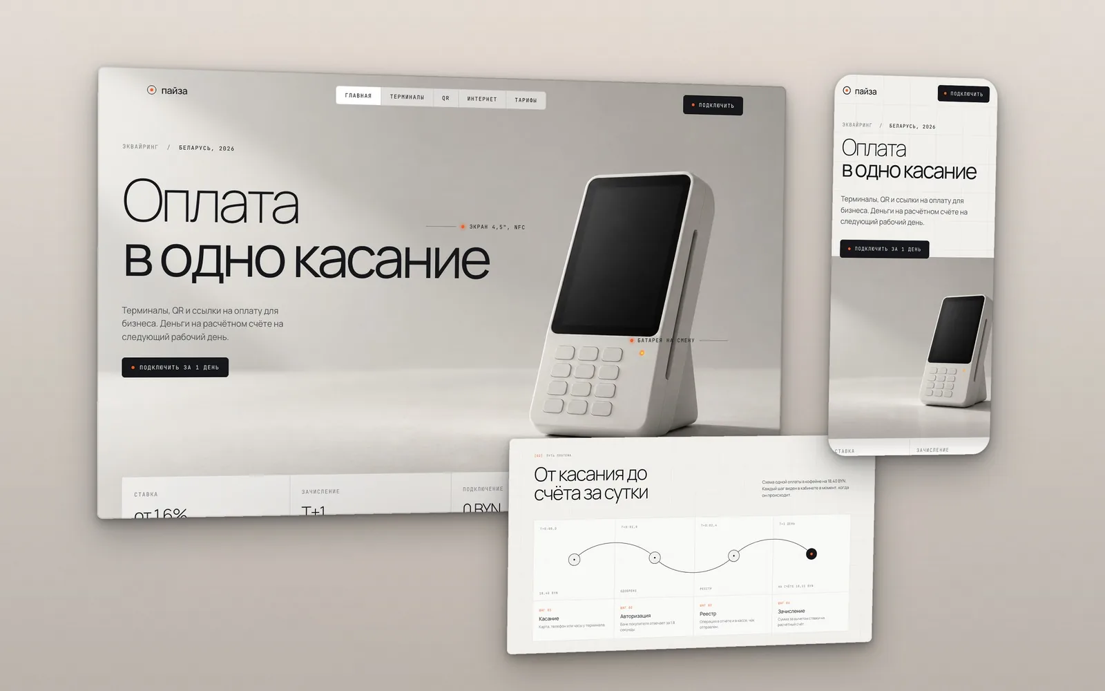 Светлый сайт платёжного сервиса Пайза: белый терминал в дневном свете на технической сетке и схема пути платежа