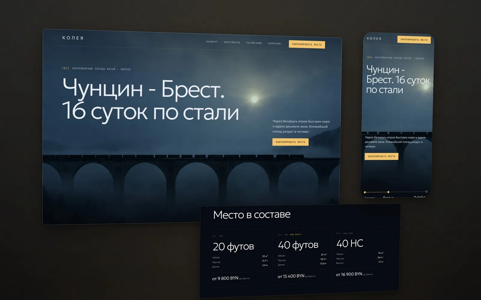 Тёмный сайт ЖД-оператора Колея: контейнерный поезд на виадуке в ночном тумане, мобильная версия и блок контейнеров