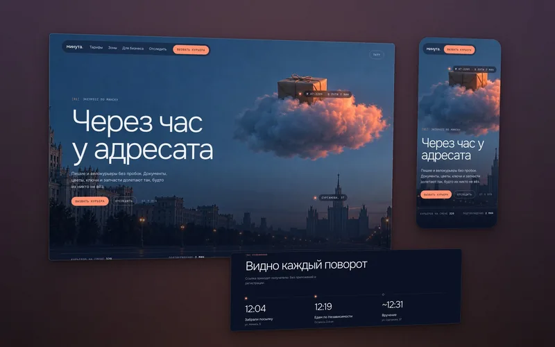 Сайт курьерской службы Минута: посылка на коралловом облаке над вечерним проспектом, мобильная версия и блок отслеживания