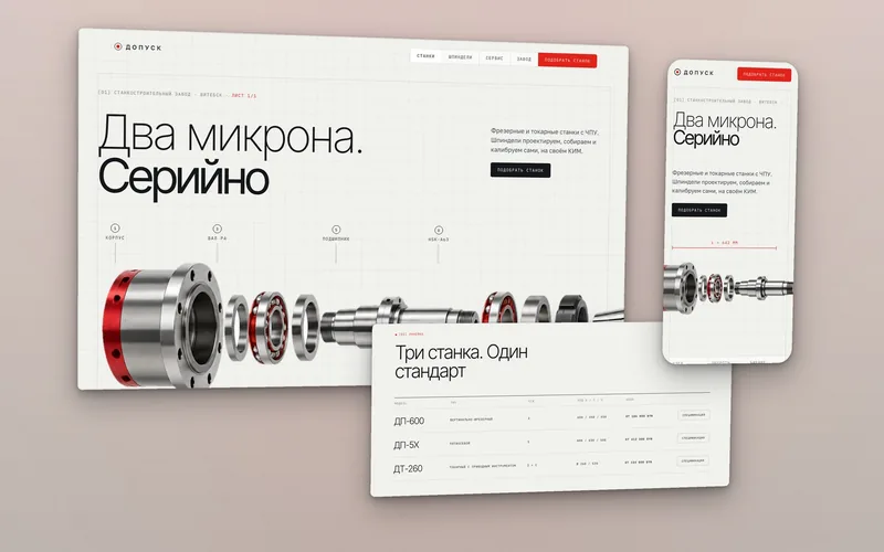 Светлый технический сайт станкозавода на сетке: разнесённый шпиндель с выносками и размером, таблица станков и мобильная версия