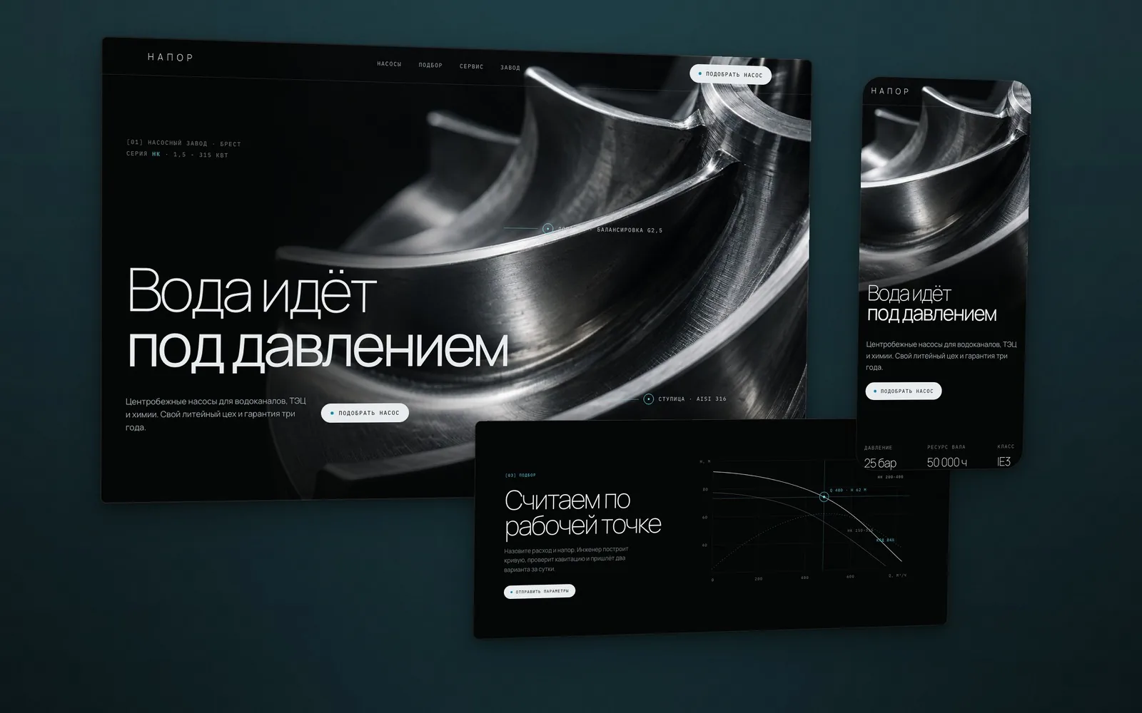 Графитовый сайт завода насосов с макро стального рабочего колеса, вынесенный график рабочей точки и мобильная версия