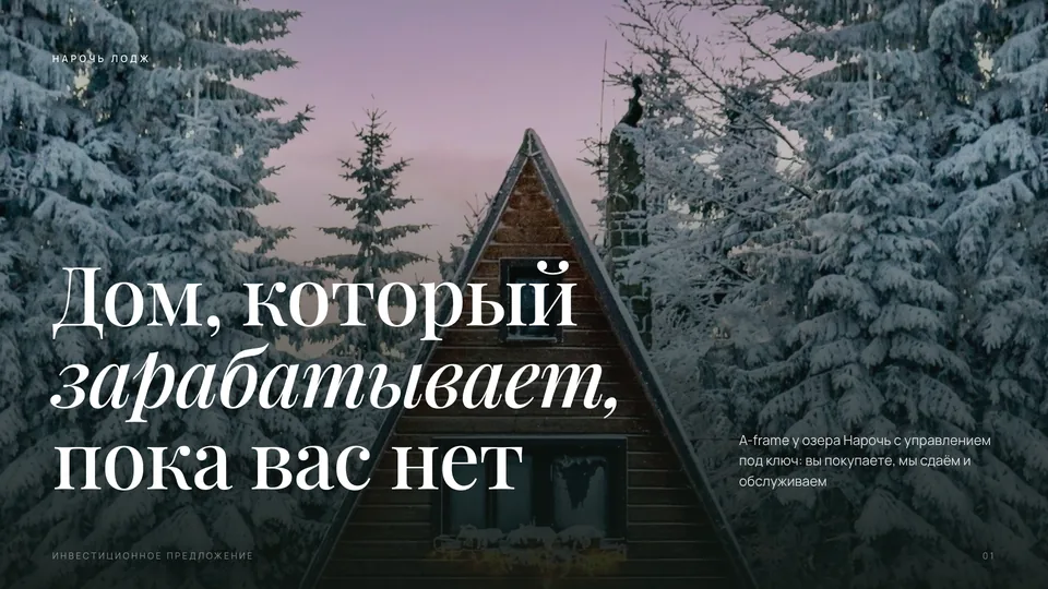 Презентация «Нарочь Лодж» — туризм · инвестиции в загородные дома, обложка